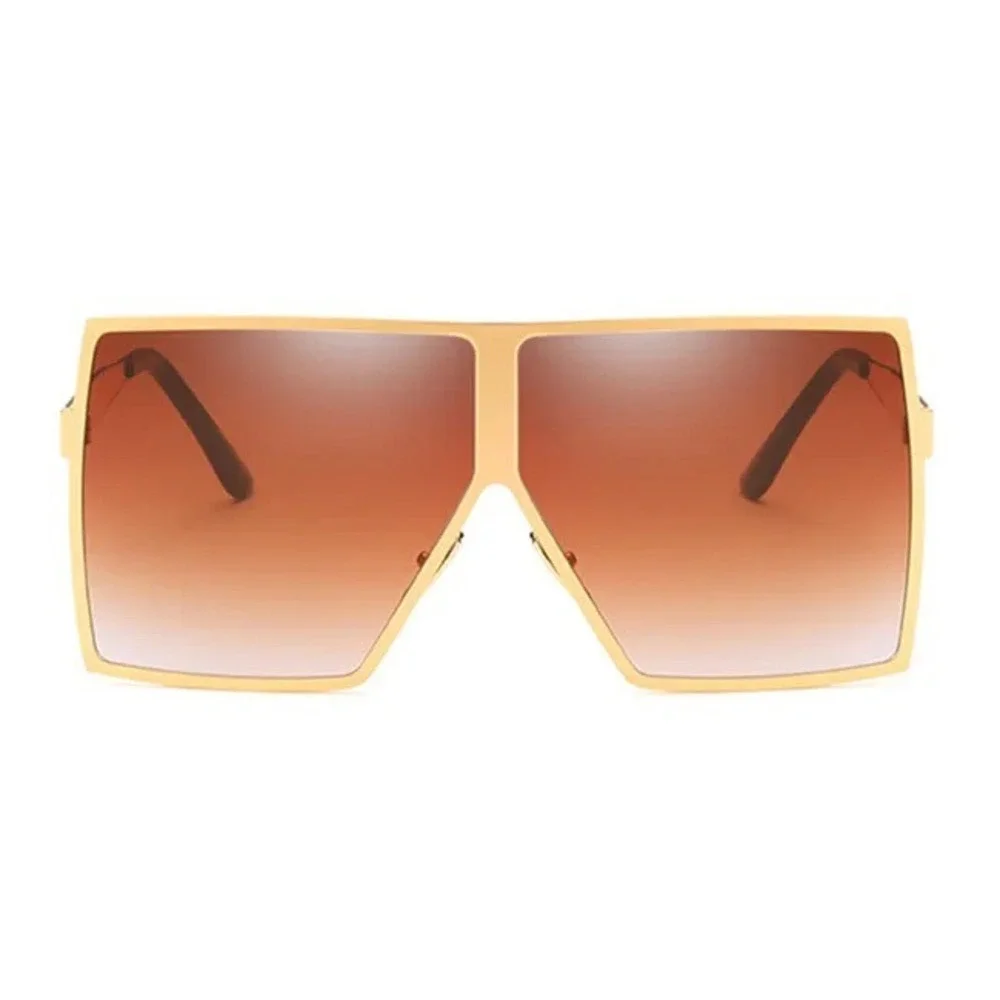 Oversized Square Sunglasses‎ Men Gold Frame Gradient Brown Lenses Fashion Shades
